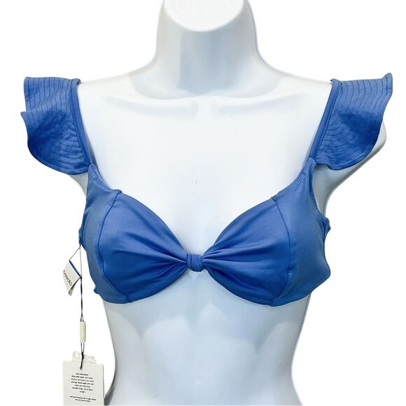 Peixoto Ruffle Shoulder Bikini Top Blue Textured Swim Pullover Top NWT Large - Picture 4 of 7